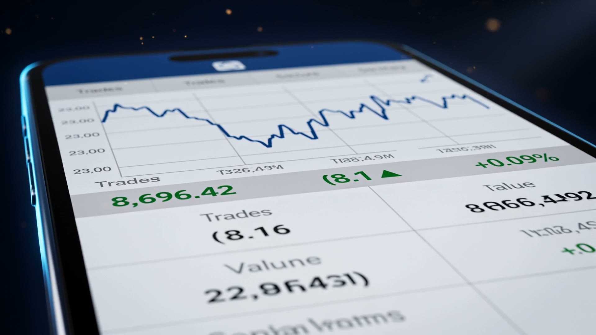 Extreme close-up of the Oula Wasata app: the market index chart drawing itself across the glass